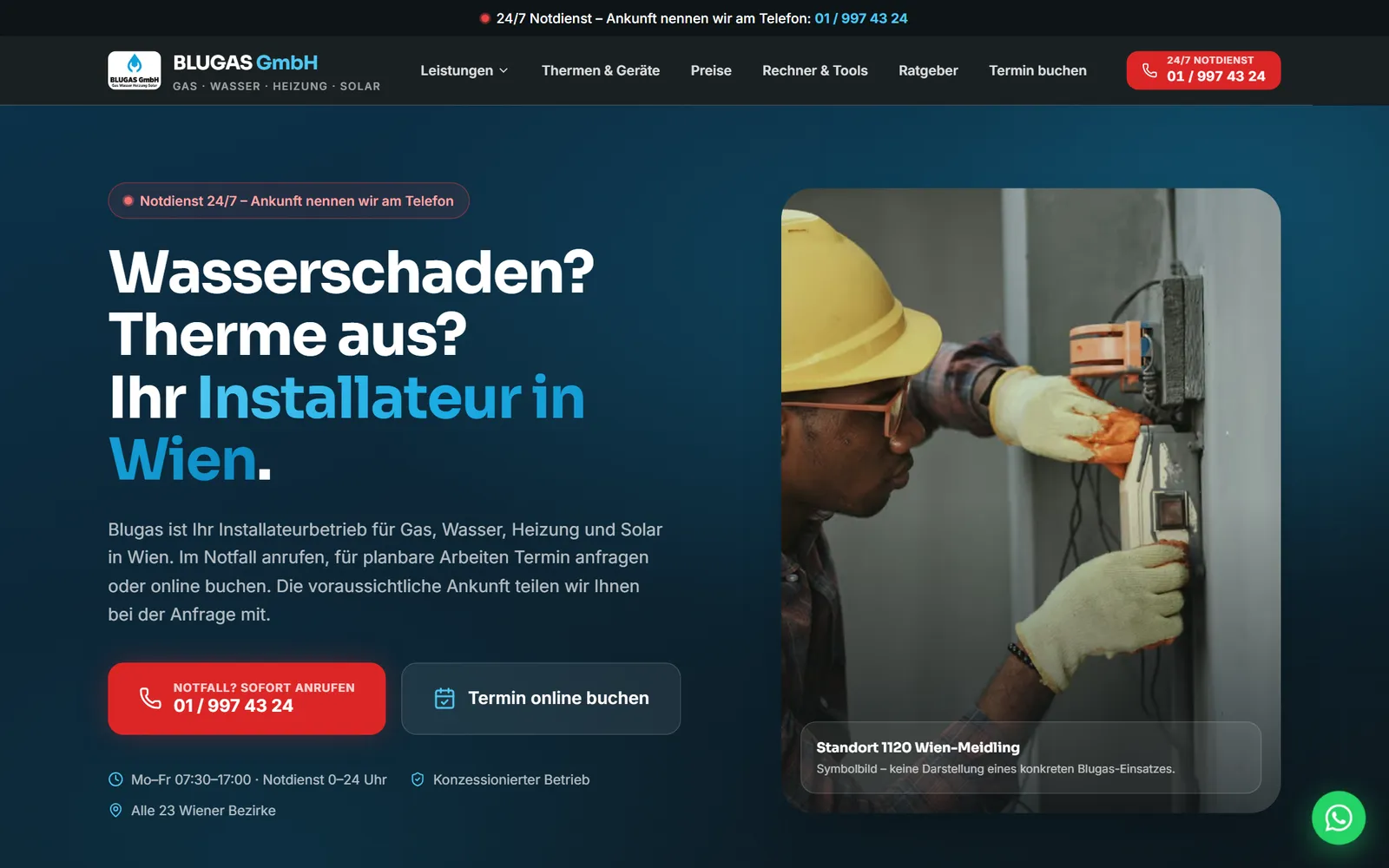 Startseite von blugas-installateur.at: Installateur in Wien mit Notdienst und Online-Termin, umgesetzt von Astra IT Solutions