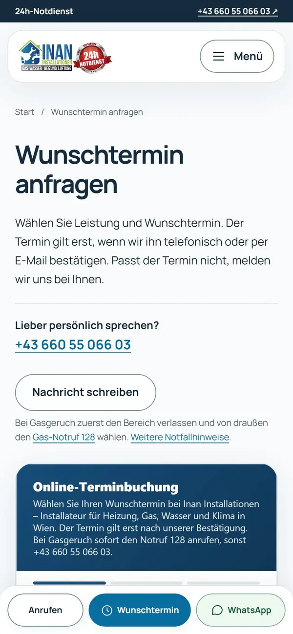"Request an appointment" page on inan.at on a phone, built by Astra IT Solutions