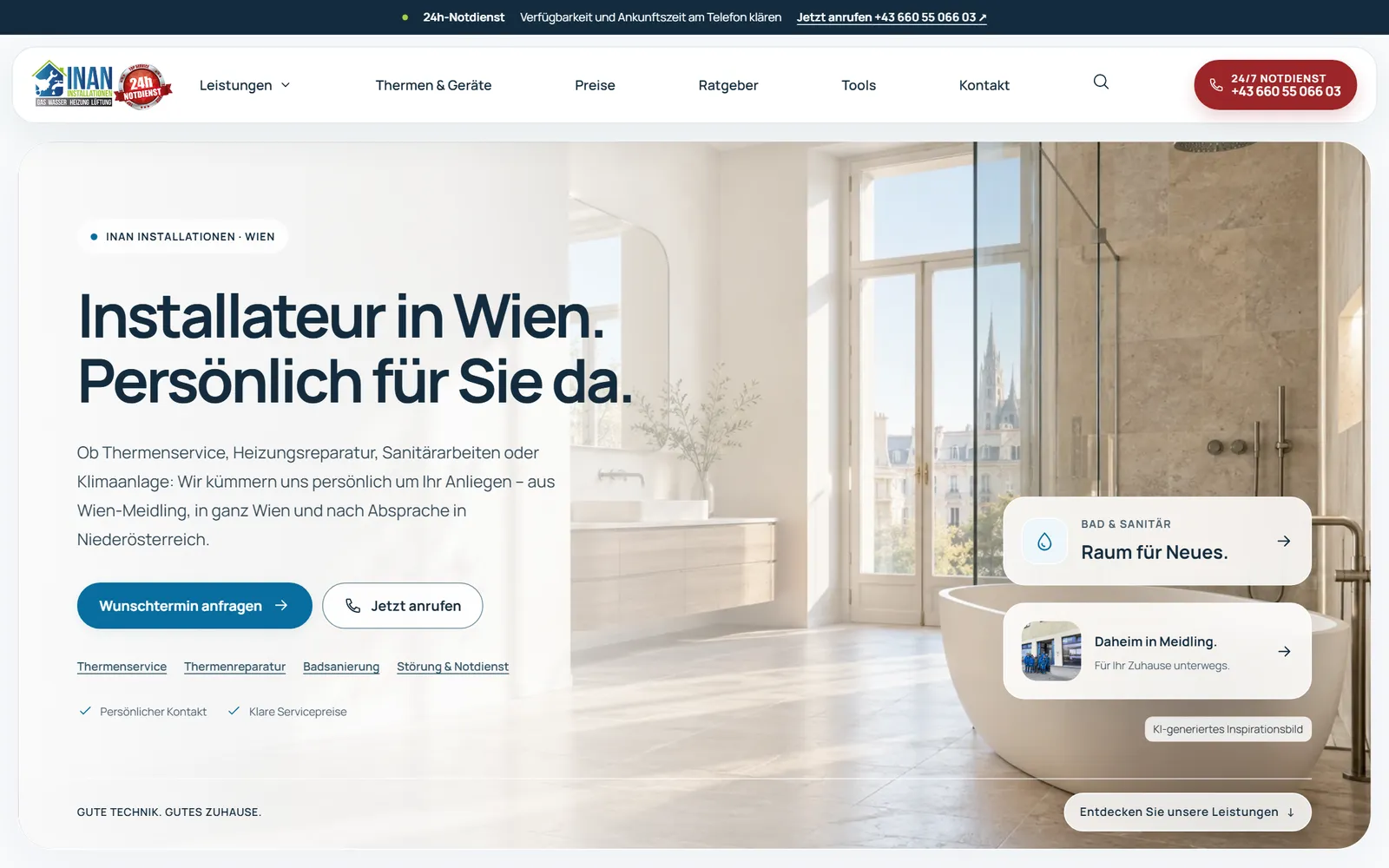 Startseite von inan.at: Installateur in Wien mit Wunschtermin-Anfrage, umgesetzt von Astra IT Solutions