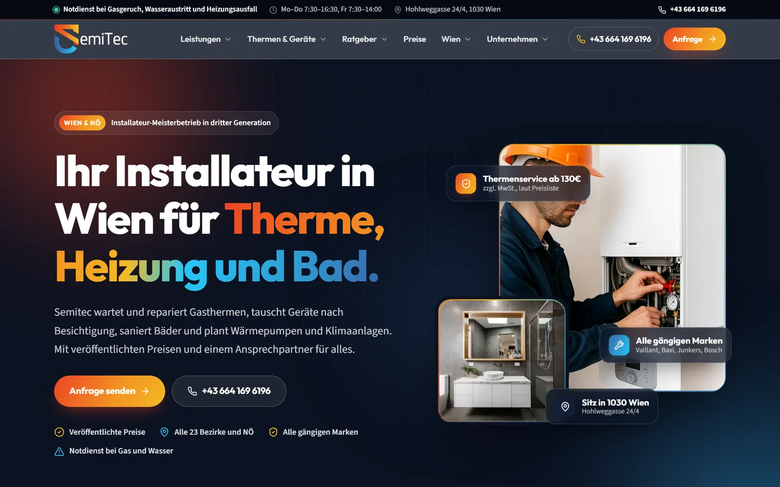 Startseite von semitec.at: Installateur in Wien für Therme, Heizung und Bad, umgesetzt von Astra IT Solutions