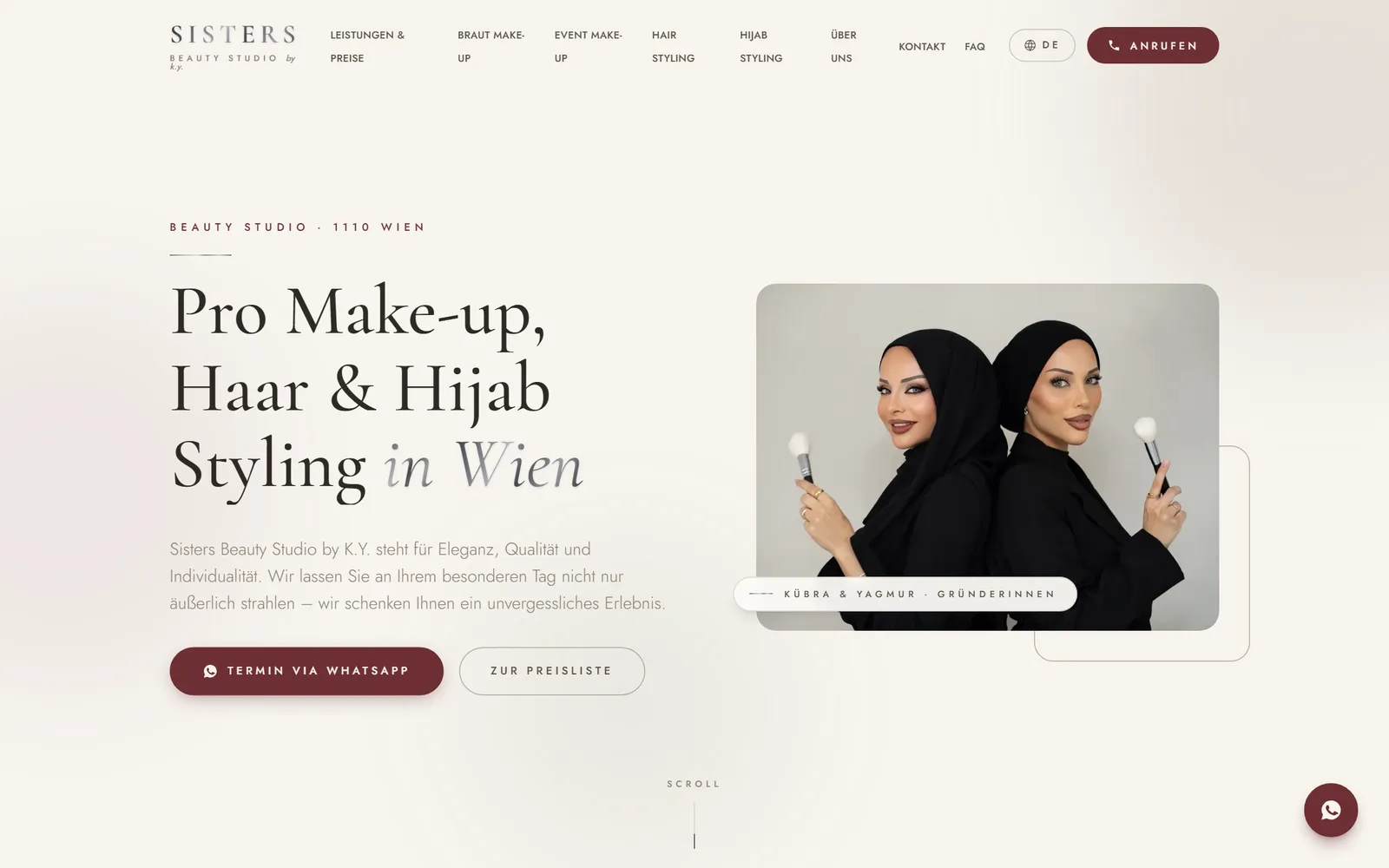 Startseite von Sisters Beauty Studio: Make-up, Haar und Hijab-Styling in Wien, umgesetzt von Astra IT Solutions