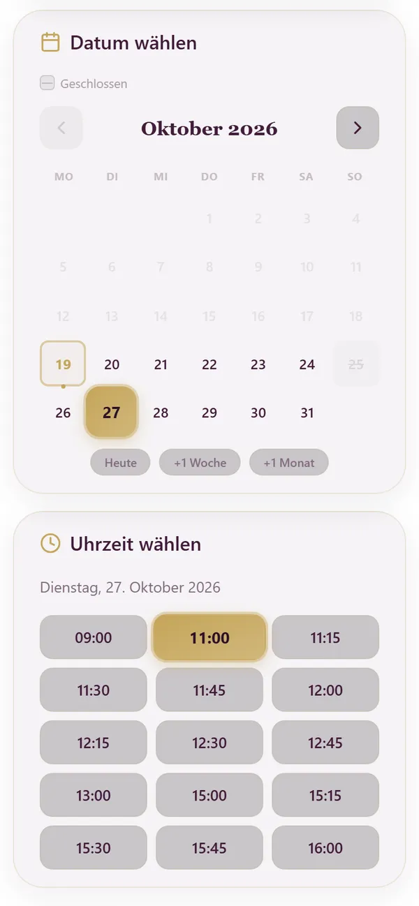 Terminauswahl im Buchungs-Widget mit Monatskalender und freien Uhrzeiten
