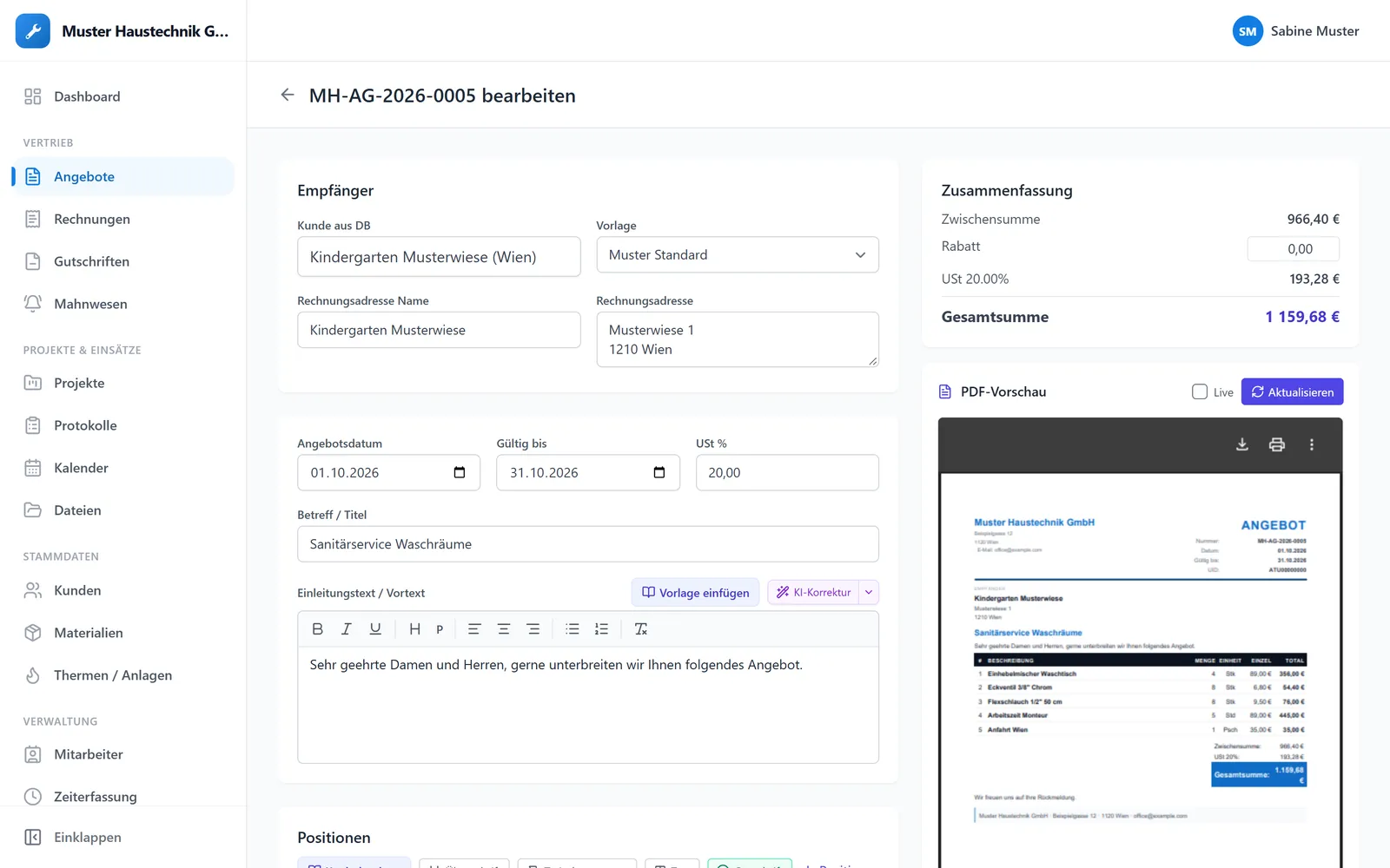 Angebotsformular von Astra Craft Pro mit Positionen und PDF-Vorschau daneben, Beispieldaten
