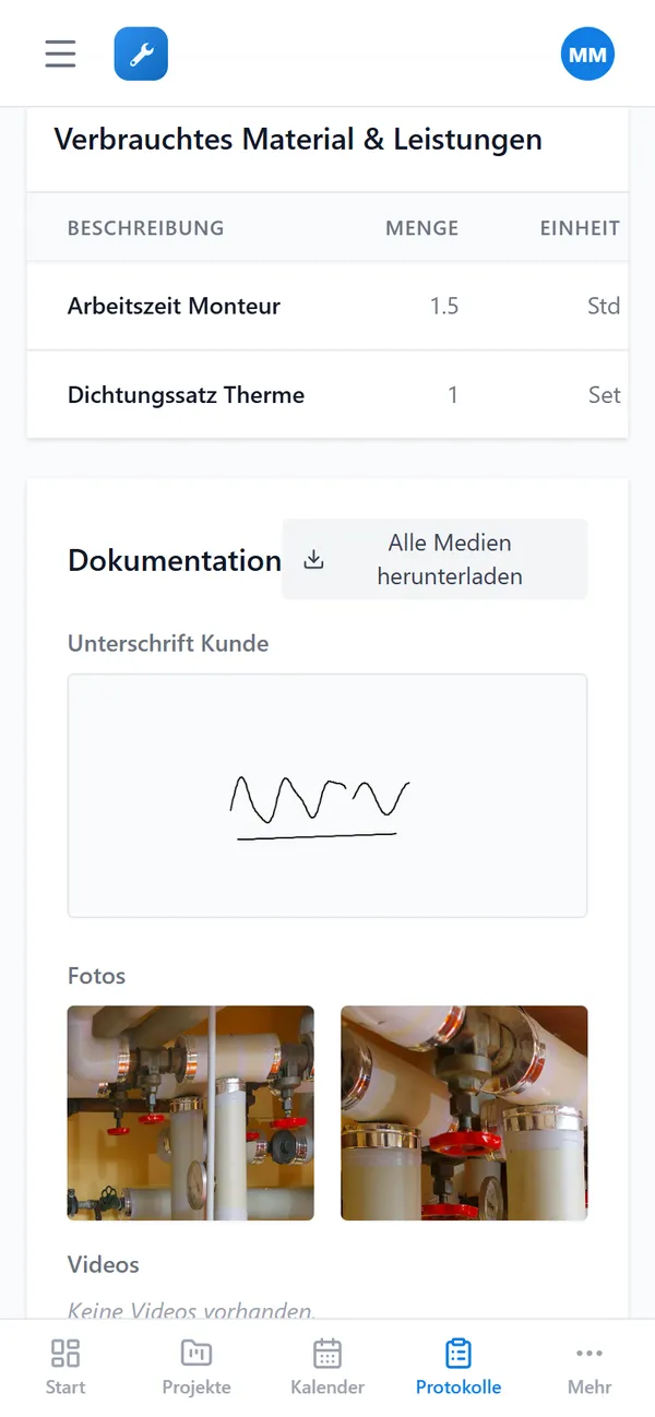 Arbeitsprotokoll am Handy mit verbrauchtem Material, Kundenunterschrift und Fotos, Beispieldaten