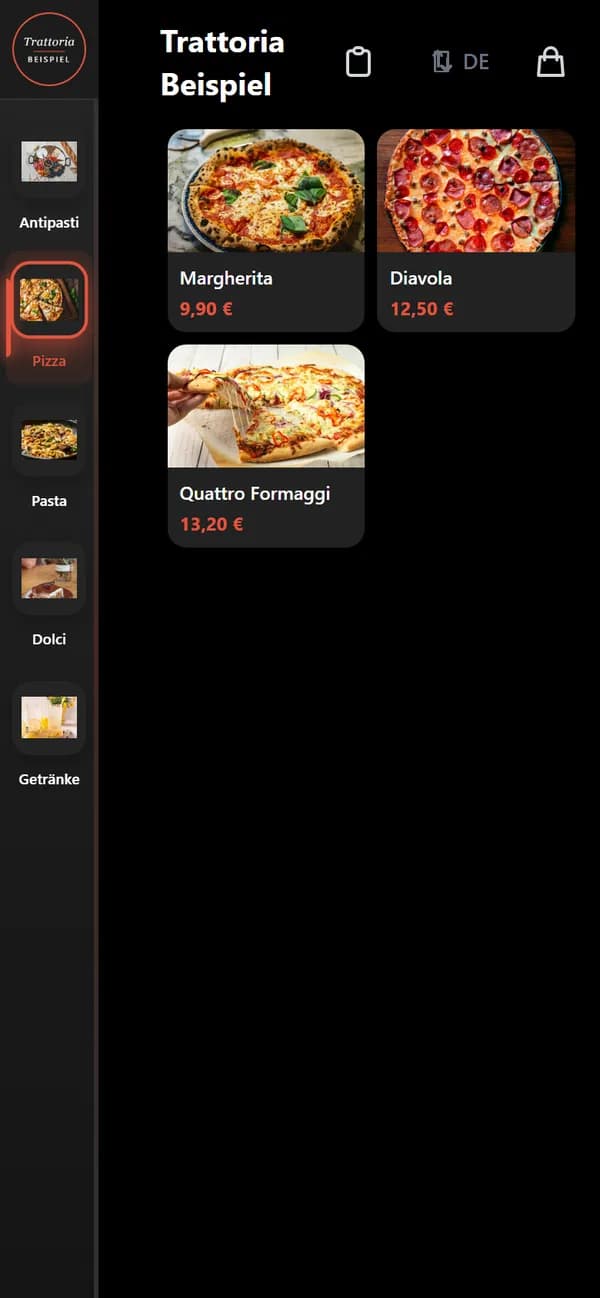 Speisekarte von Astra Dine am Handy mit Pizza-Kategorie und Fotos, Beispiellokal
