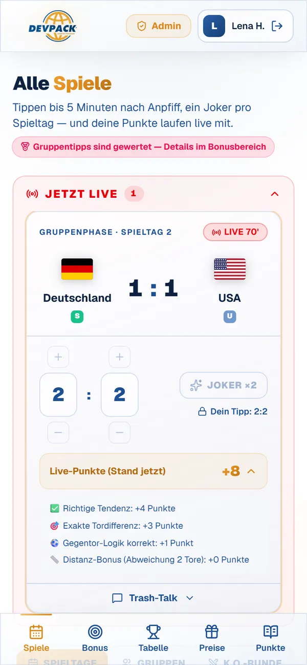 WM-Tippspiel am Handy: laufendes Spiel mit eigenem Tipp und Live-Punkten, Beispieldaten