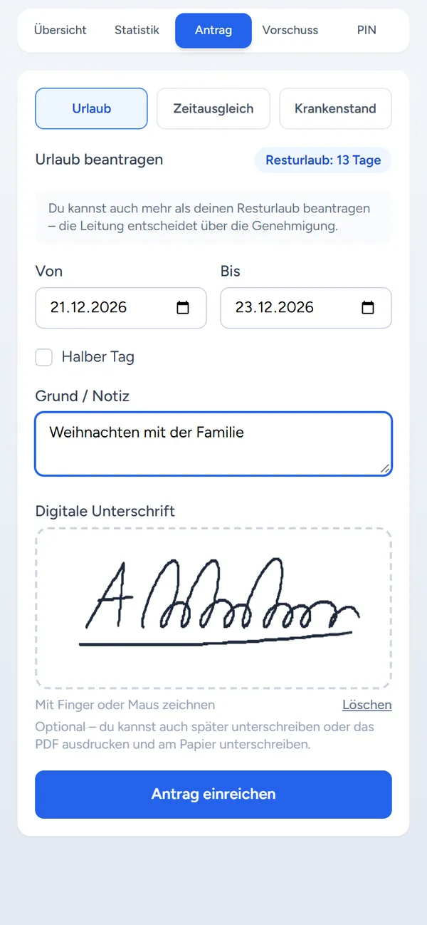 Urlaubsantrag am Handy mit Zeitraum, Notiz und digitaler Unterschrift