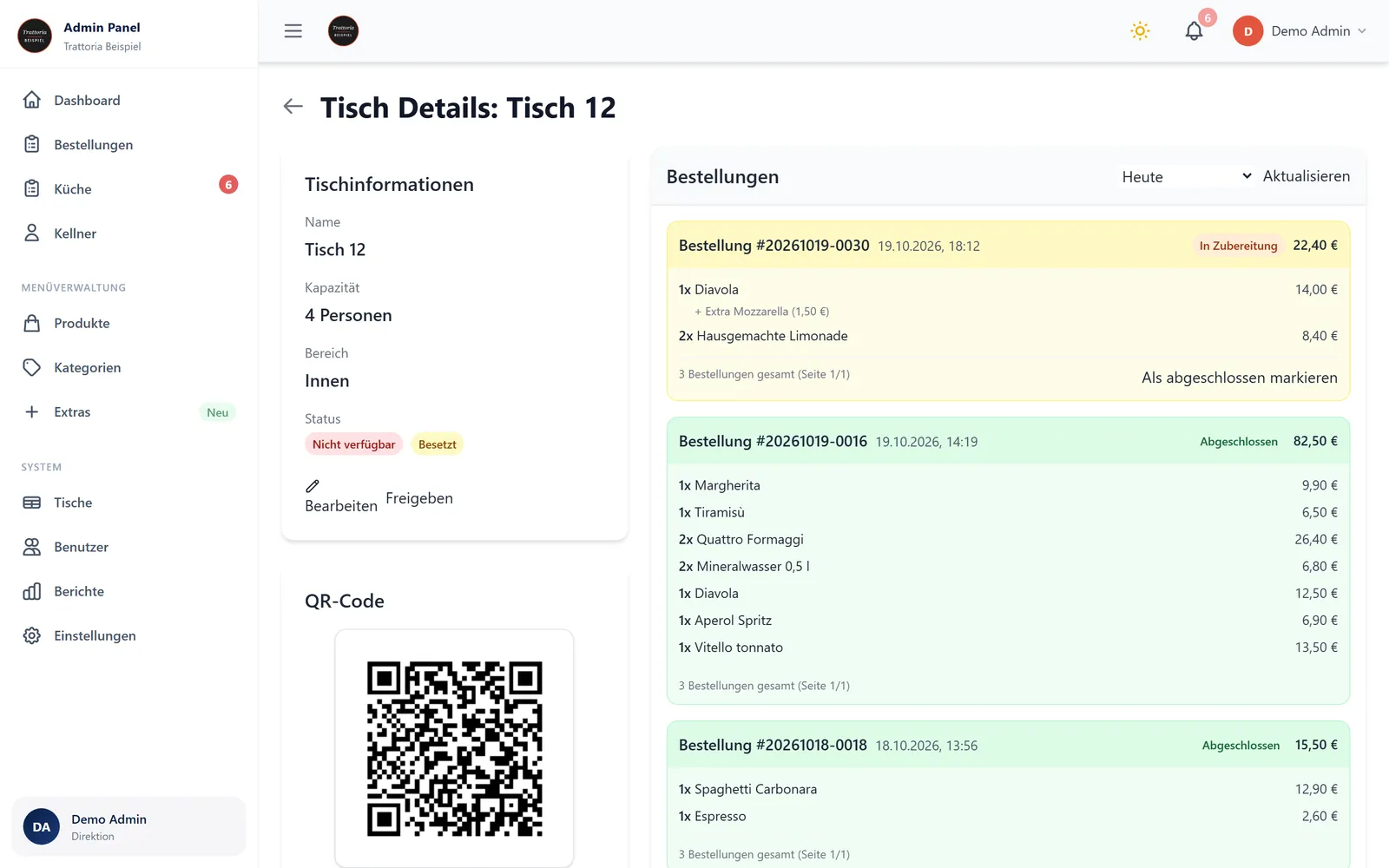 Tischdetail mit QR-Code und Bestellungen des Tages, Beispieldaten